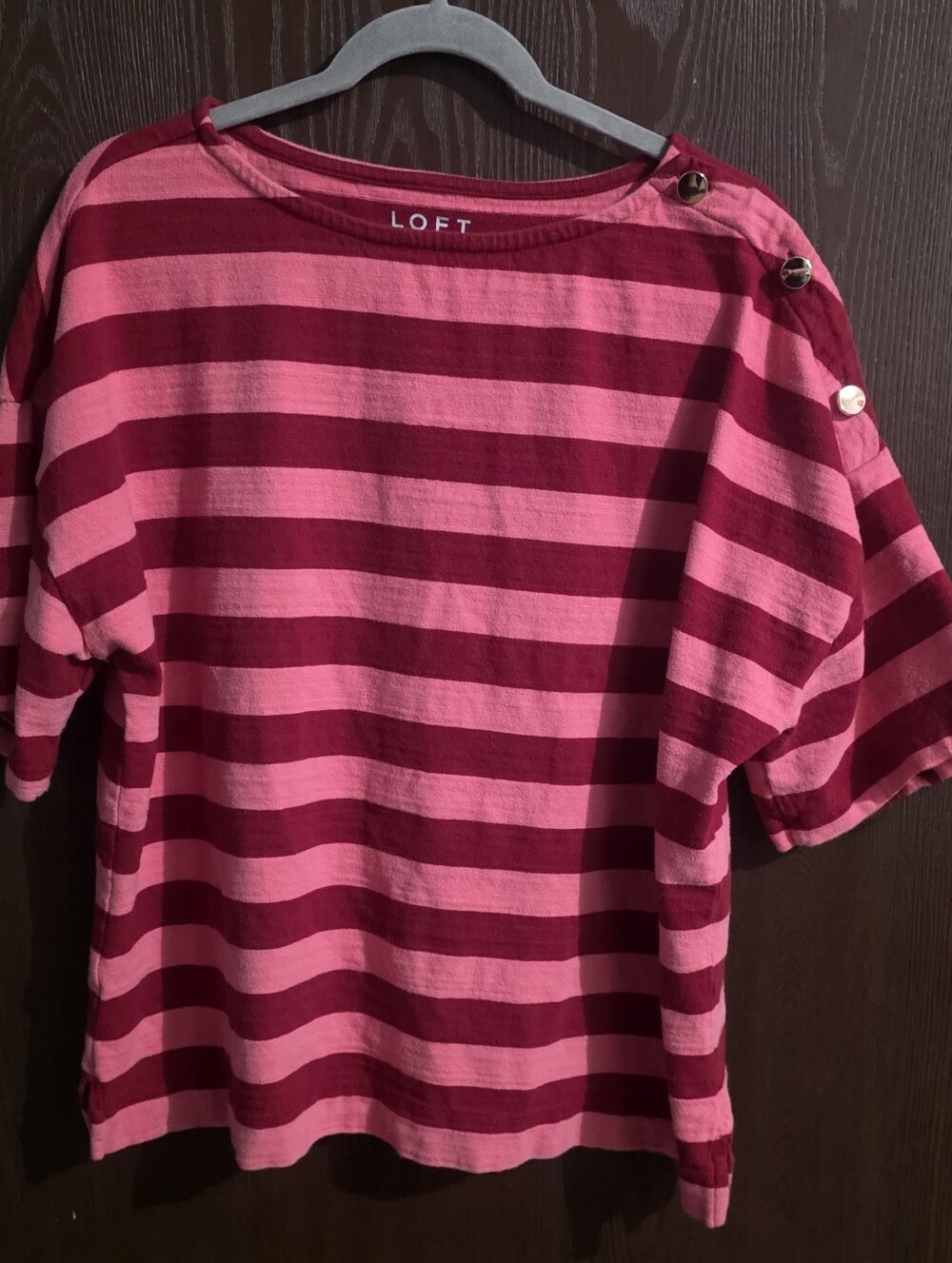 LOFT Pink & Burgundy Striped Short-Sleeve Button-Shoulder Top